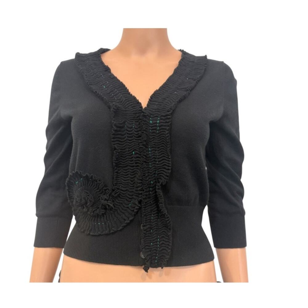 Anthropologie Sparrow medium ruffle trim cropped 1/2 sleeve cardigan SP 2750